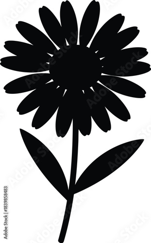 Black daisy flower graphic with leaves simple design on transparent background silhouette