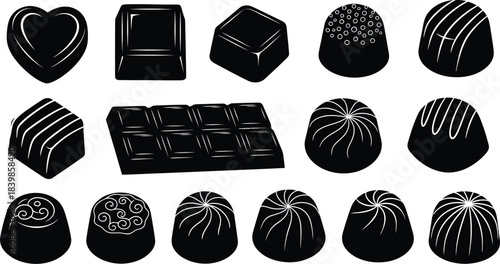 Variety of chocolate candies in a collection on transparent background silhouette