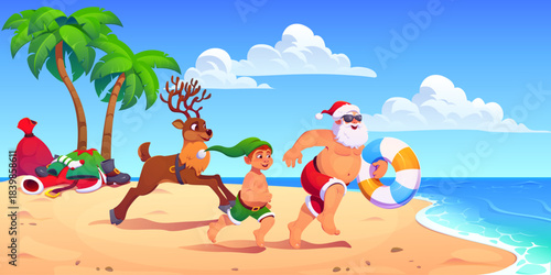 Santa Claus, reindeer and Christmas elf characters running to tropical beach for summer swimming, vector Xmas holiday. Cartoon summer Santa and helpers characters going to swim on tropical beach