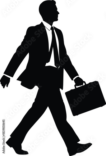 Silhouette of a determined businessman in a suit walking confidently while carrying a briefcase against a white background