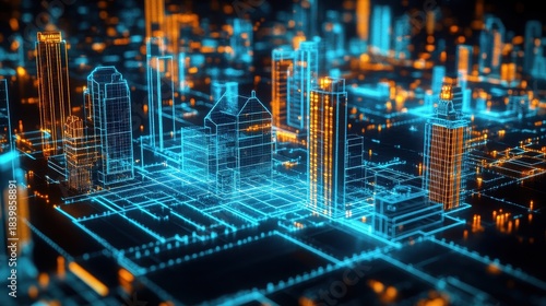 Futuristic digital city grid with glowing blue wireframe buildings and orange data flow lights