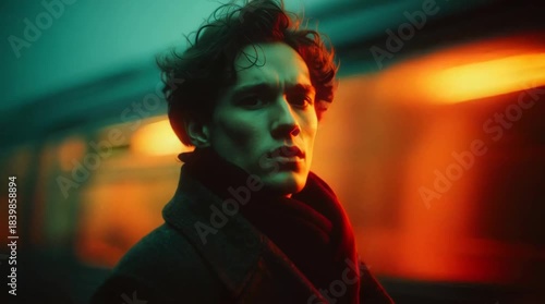 Young Man in Underground Subway with Train
