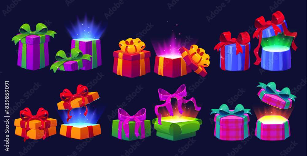 Fototapeta premium Cartoon open Christmas magic gift vector boxes, glowing game surprise presents. Gift box packages wrapped with wrapping paper, decorative ribbons and bows. Christmas promotion, magical celebration
