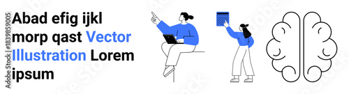 Digital learning, education growth, neuroscience, brain function, teamwork, mental skill development. Two human figures with devices and a graphic brain outline. Digital learning and neuroscience