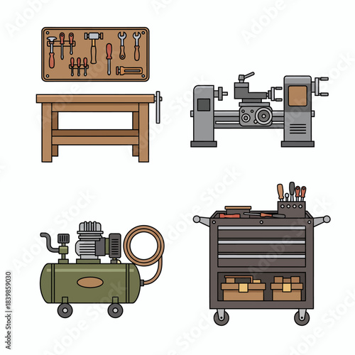 Workshop Tools Icon Set — Bandsaw, Drill Press, Workbench, Tool Cabinet
