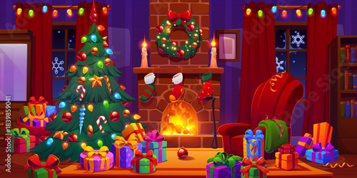 Christmas fireplace and pine tree living room interior with gifts, vector background. Cartoon Xmas holiday house room with fireplace and Christmas tree, wreath, stockings and presents around armchair