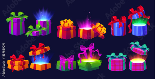 Cartoon open Christmas magic gift vector boxes, glowing game surprise presents. Gift box packages wrapped with wrapping paper, decorative ribbons and bows. Christmas promotion, magical celebration
