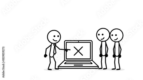 A Cheerful Stick Figure Offers Assistance to Colleagues Facing a Laptop Problem with a Red Cross Display Showing a Solution with a Green Check Mark and Thumbs