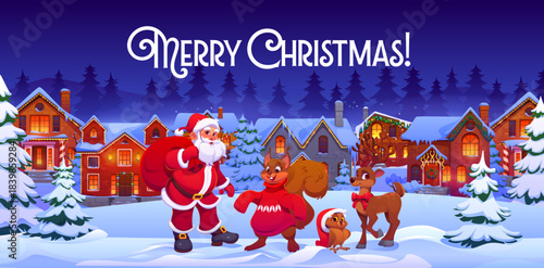 Merry Christmas greeting card with winter town and Santa with holiday animal characters, cartoon vector. Christmas greetings and Santa with gifts bag and funny reindeer in winter town at night eve