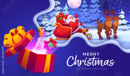 Merry Christmas paper cut greeting card with Santa on sleigh for winter holiday, cartoon vector. Santa with gifts bag in sledge with reindeer in night forest and paper cut snow for Christmas greeting