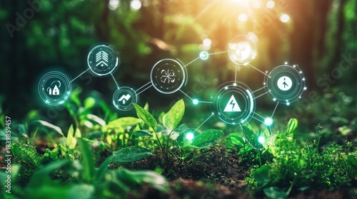 Digital technology network overlays glowing icons above vibrant green seedlings growing in a sunlit forest environment