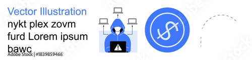 Cybersecurity, financial fraud, digital transactions, hacking, online safety, data protection. Hooded hacker connected to computer network and dollar sign in a shield. Cybersecurity and financial