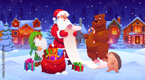 Winter Christmas characters and Santa Claus with wish list at snowy holiday town, cartoon vector. Christmas village at night eve and Santa with funny animals read scroll parchment of wishes for gifts