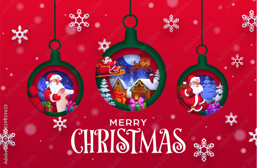 Naklejka premium Paper cut Christmas decoration balls on greeting card for winter holiday, cartoon vector. Merry Christmas greetings, Santa flying on sleigh with gifts bag over village town in paper cut baubles