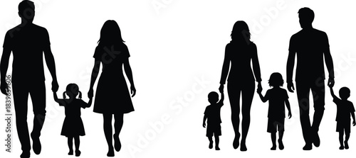 Black silhouette vector set depicting two different family units walking together holding hands against a white background