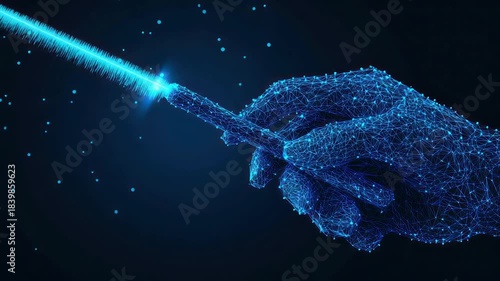 A digital hand holds a glowing wand, casting blue energy in a dark space with floating dots
