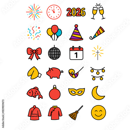 Colorful New Year and Celebration Icon Set – Party, Festival, Chinese New Year Symbols