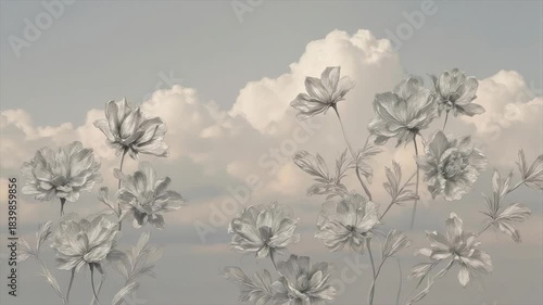 Monochromatic flowers and foliage ascend against a soft, cloudy sky background