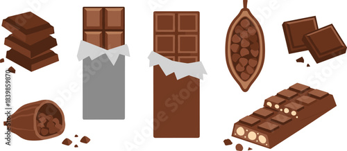 Chocolate and cocoa illustration set featuring bars, beans, pods, and textures for culinary, educational, and design themes