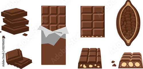 Chocolate and cocoa illustration set with bars, beans, pods, and nuts for dessert, culinary, and educational design themes