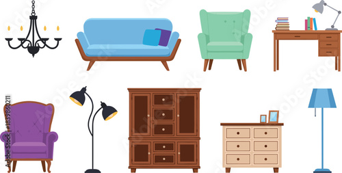Collection of illustrated furniture and lighting items including sofas, lamps, cabinets, and chairs for interior design and decor use.