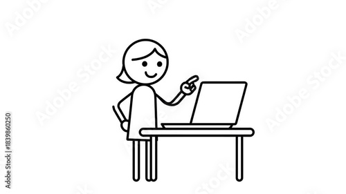 Cartoon Stick Figure Woman Working On Laptop And Giving Gentle Reminder With Index Finger Raised And Confident Smile