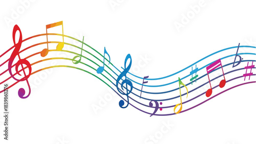 Colorful musical notes flowing on a rainbow staff, isolated on white background