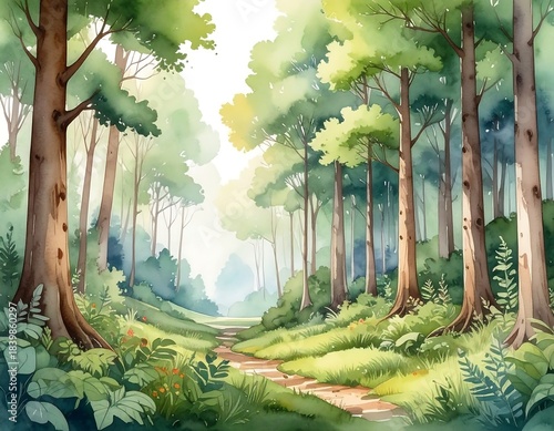 Watercolor painting of a sunlit forest trail with tall trees