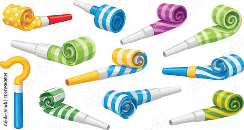Colorful collection of party blowers and horn with stripes and polka dots, perfect for festive, celebration, or design use.