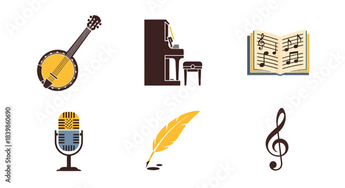 A collection of retro musical items including a banjo, piano, songbook, microphone, quill, and treble clef.