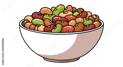 A white bowl filled with a colorful variety of beans including kidney beans, pinto beans, and green legumes.