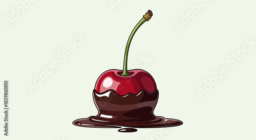 A glossy red cherry with a green stem, partially dipped in a pool of rich melted dark chocolate.