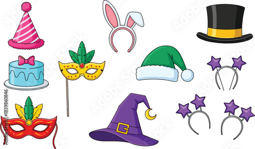 Colorful Festive Costume Accessories Including Hats, Masks, Bunny Ears, and Cake Isolated on White Background for Celebration Themes