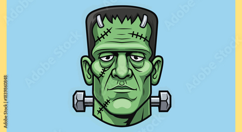 Stylized portrait of Frankenstein's monster featuring neck bolts and stitches on a light blue background.