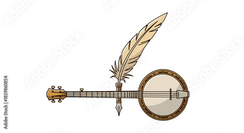 A banjo lying horizontally with a large feather quill pen tucked vertically behind the neck, symbolizing songwriting or composition.