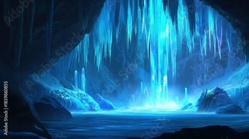 A luminous, ethereal ice cave interior, with glowing ice formations