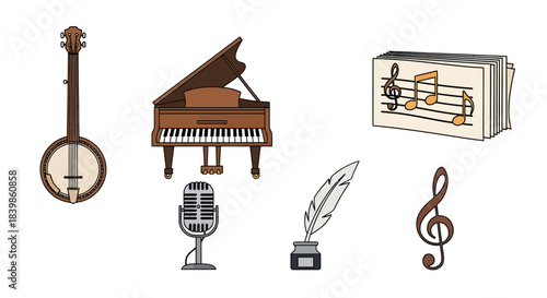 A set of music-related icons including a banjo, grand piano, vintage microphone, quill with inkwell, sheet music, and treble clef.