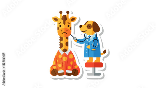 Sad Giraffe in Pajamas Receives Examination From Dog Veterinarian Wearing Blue Coat and Stethoscope On Red Stool Isolated On Black Background With Sticker Border