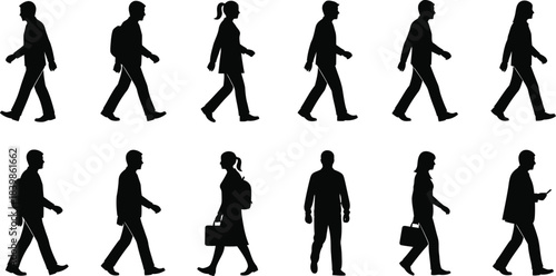 Collection of diverse black and white silhouette icons depicting men and women walking with various accessories for pedestrian design