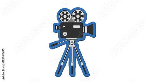 Retro Film Camera on Tripod with Blue Outline and Black Background