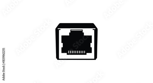 A black and white illustration of an ethernet port displaying its detailed form as a silhouette
