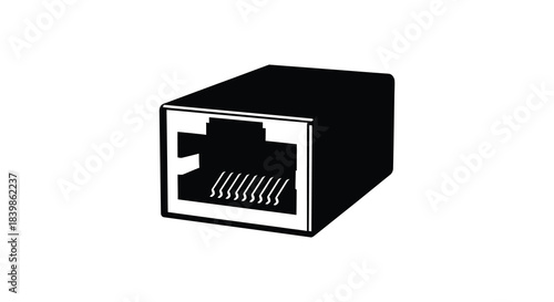 A detailed illustration of an ethernet port connector in a striking black silhouette