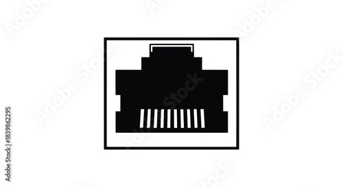 A minimalist illustration of a black rj45 ethernet port inside a white rectangular frame silhouette