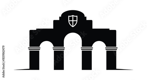 Detailed black silhouette of a historic building with arches and a shield emblem silhouette