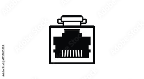 A black and white illustration of an ethernet port showcasing a distinct silhouette