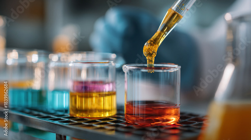 Dropper Adding Orange Liquid to Beaker with Colorful Solutions in Lab