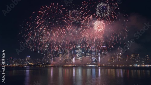 Colorful Fireworks Display Over a City Skyline at Night Reflected in Water