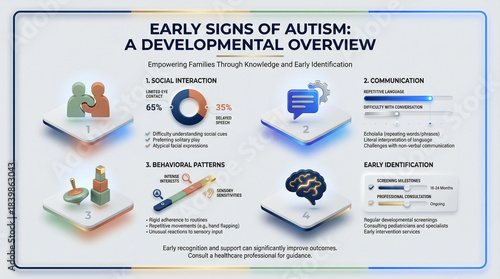 Early signs of autism infographic with developmental overview of social interaction, communication, behavior patterns and screening recommendations
