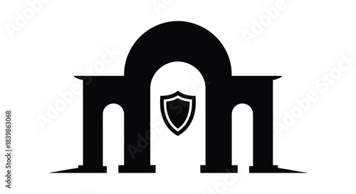 A striking black and white graphic of an arched gateway with a shield silhouette