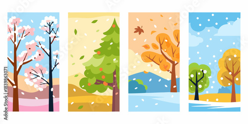 Four vertical panels depicting trees through the changing seasons of the year